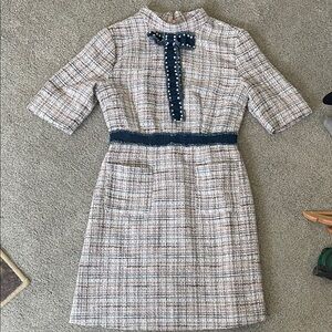 Chicwish Neutral Plaid Tweed Mini Dress with Navy Pearl Bow